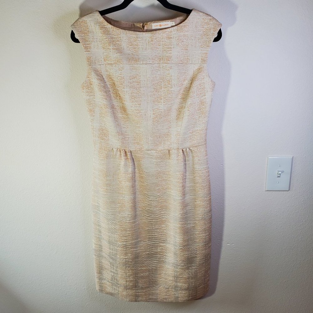 Tory Burch fatima sheath dress cream metallic sleeveless 6